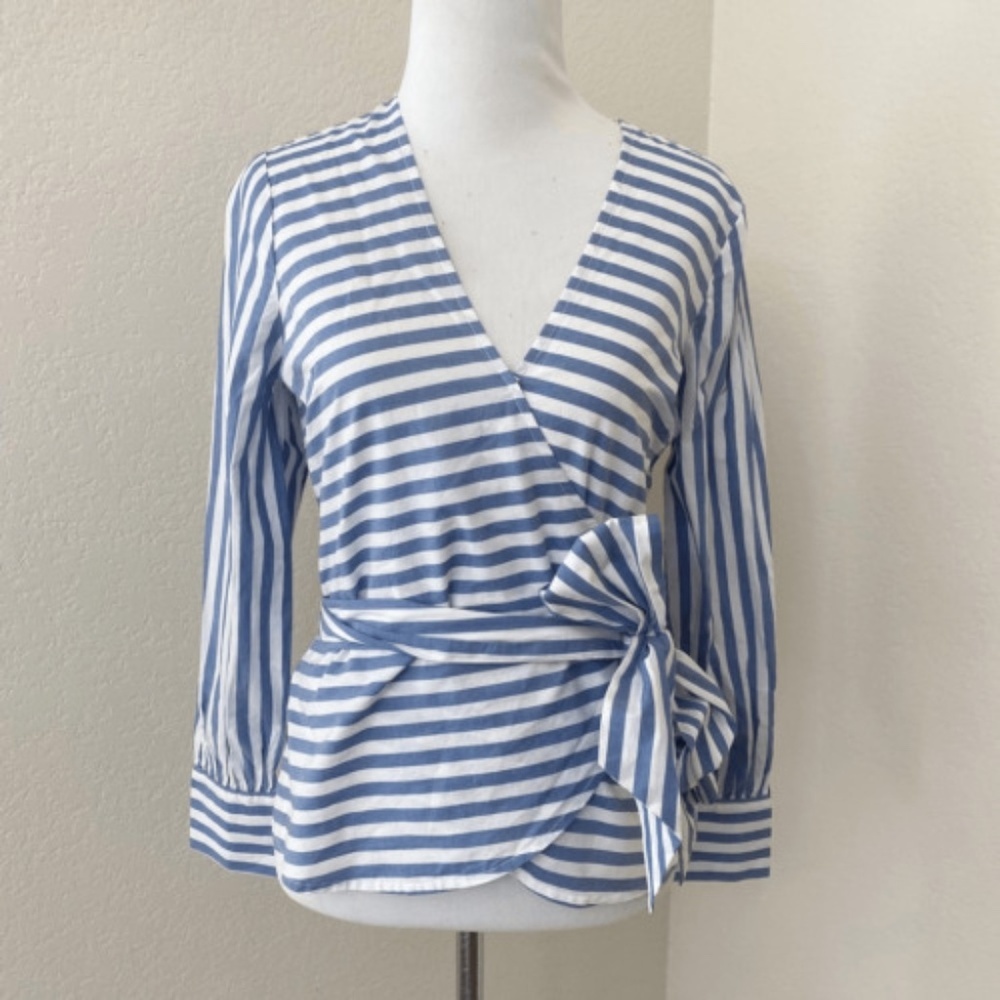 NWT Madewell Wrap Top Size XXS Blue White Striped Cuffed Sleeve